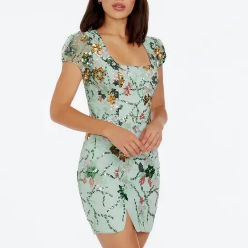 Dress the Population Jillian Mini Dress Sz 12 M L (XXL) Mint Sage Sequined Prom
